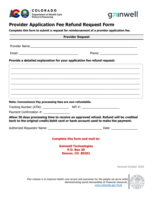 Provider Application Fee Refund Request Form - Colorado