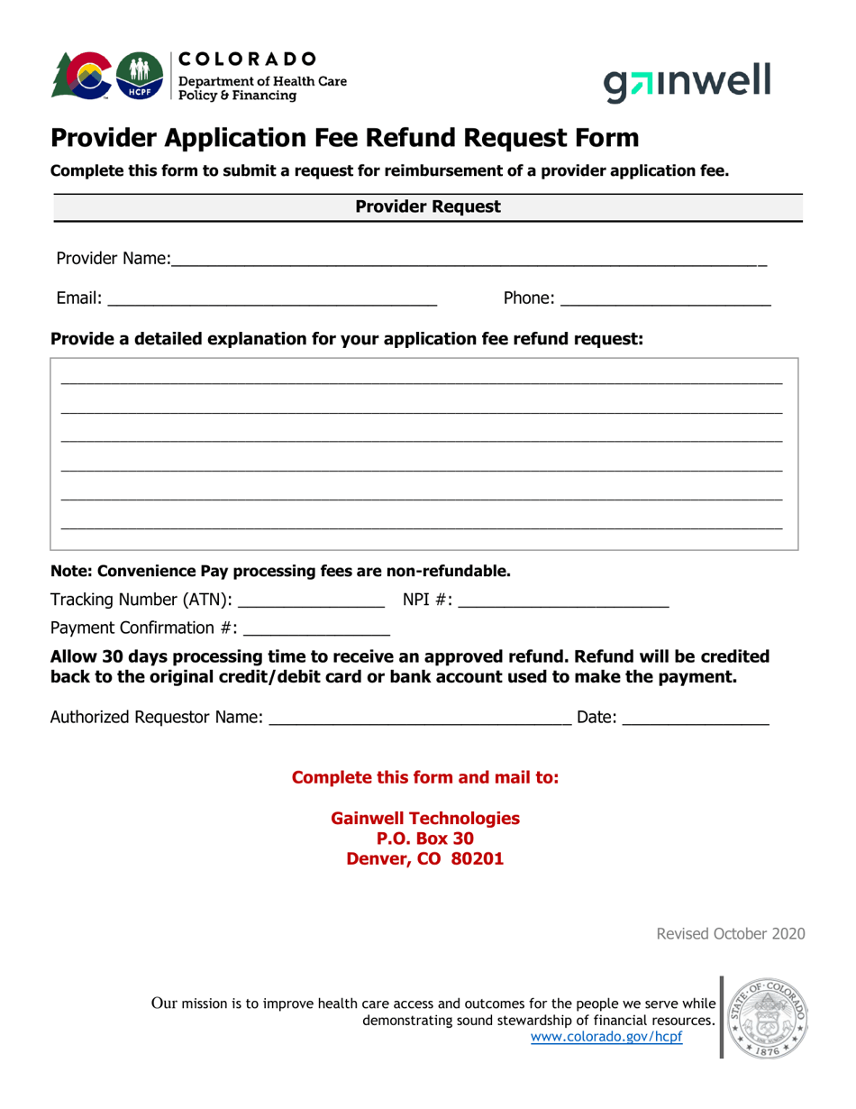 Colorado Provider Application Fee Refund Request Form Download 