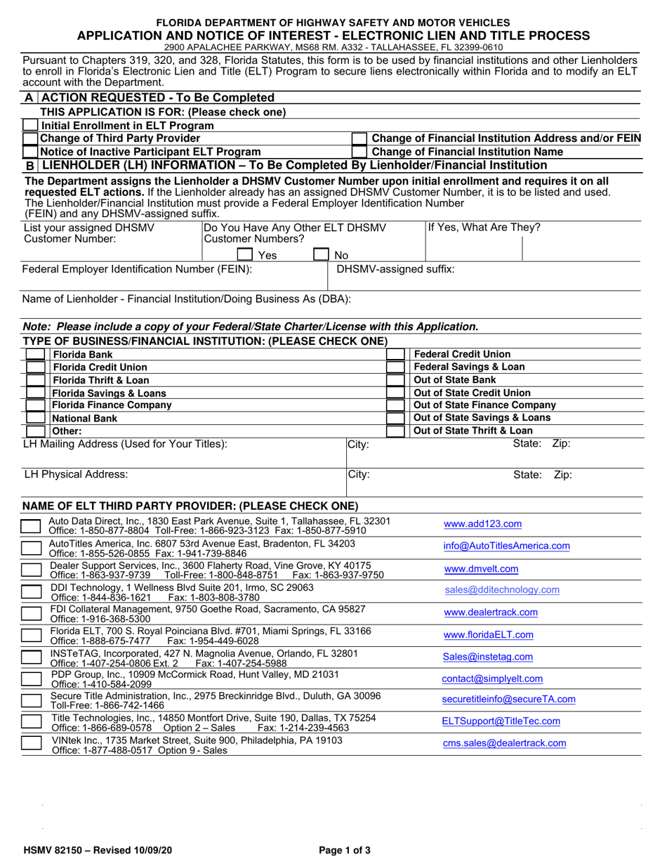 Form HSMV82150 Application and Notice of Interest - Electronic Lien and Title Process - Florida, Page 1