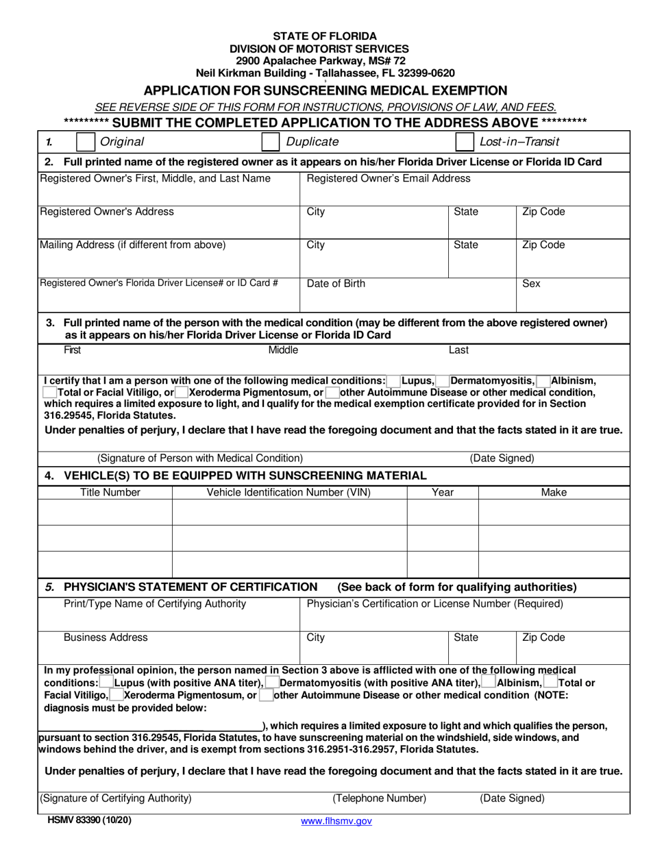 Form HSMV83390 Application for Sunscreening Medical Exemption - Florida, Page 1