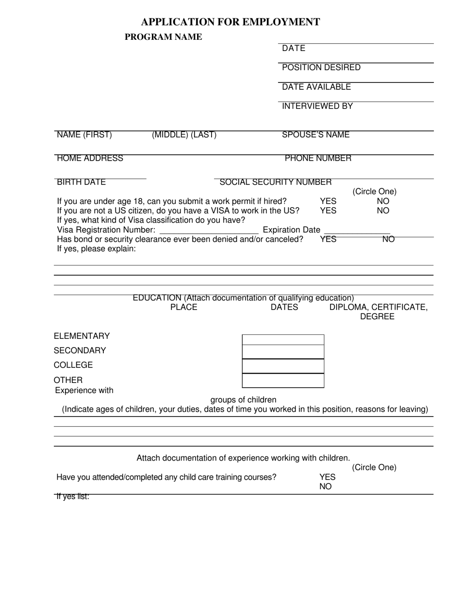 (United States) Application for Employment Fill Out, Sign