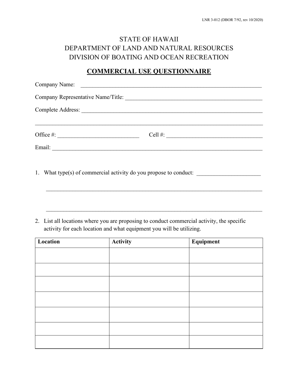 Form LNR3-012 Commercial Use Questionnaire - Hawaii, Page 1
