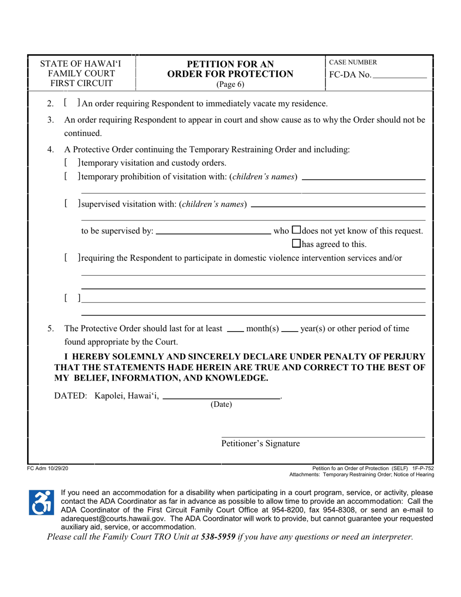 Form 1F-P-752 Petition for an Order for Protection - Hawaii, Page 6