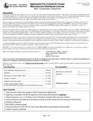 Form ITD3172 Application for Vehicle or Vessel Manufacturer/Distributor License - Idaho