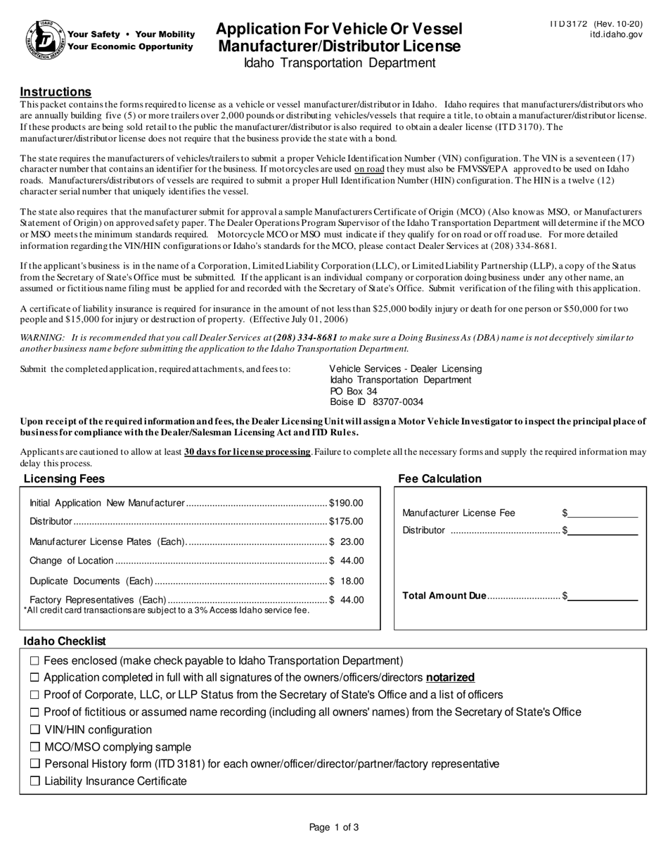 Form ITD3172 Application for Vehicle or Vessel Manufacturer / Distributor License - Idaho, Page 1