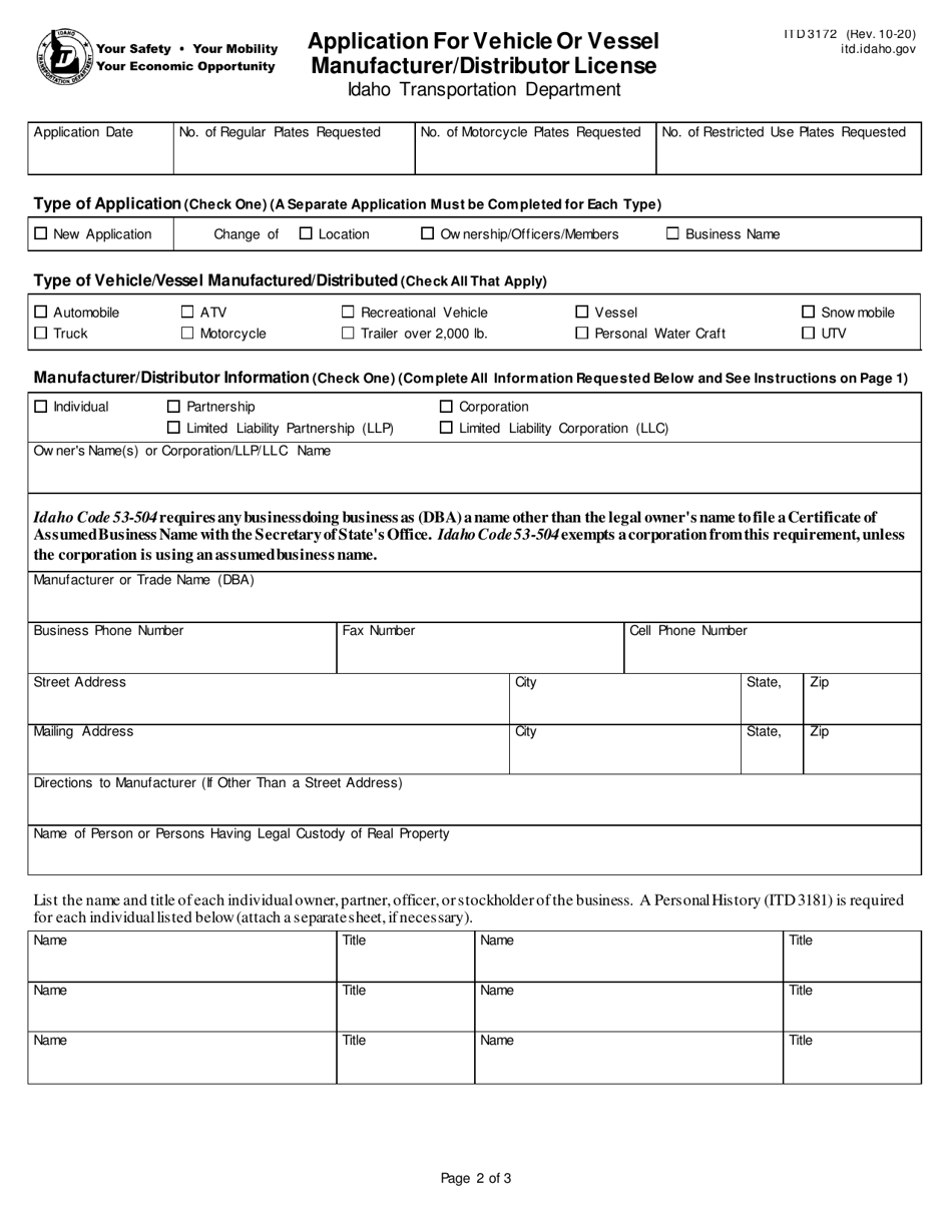 Form ITD3172 Application for Vehicle or Vessel Manufacturer / Distributor License - Idaho, Page 2