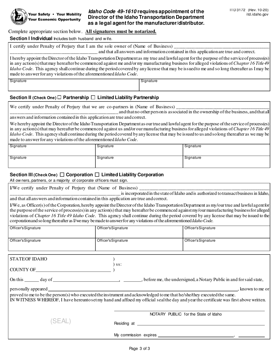 Form ITD3172 Application for Vehicle or Vessel Manufacturer / Distributor License - Idaho, Page 3