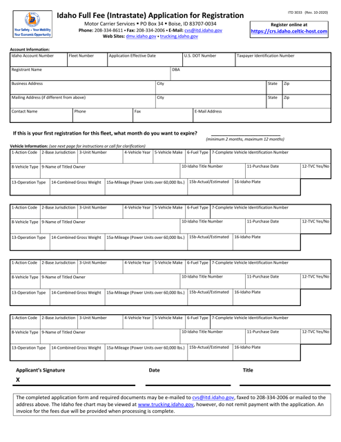 Form ITD3033 Idaho Full Fee (Intrastate) Application for Registration - Idaho