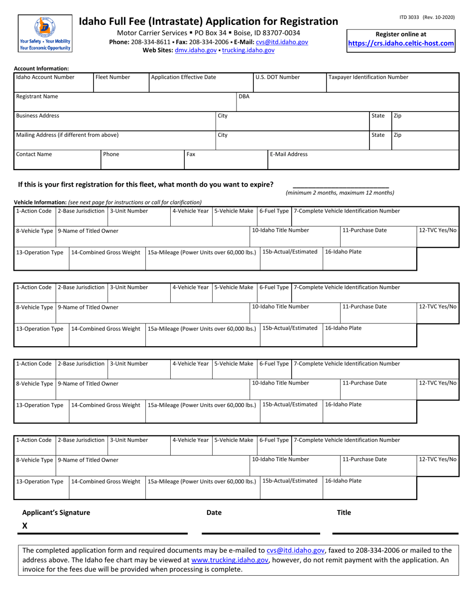 Form ITD3033 Idaho Full Fee (Intrastate) Application for Registration - Idaho, Page 1