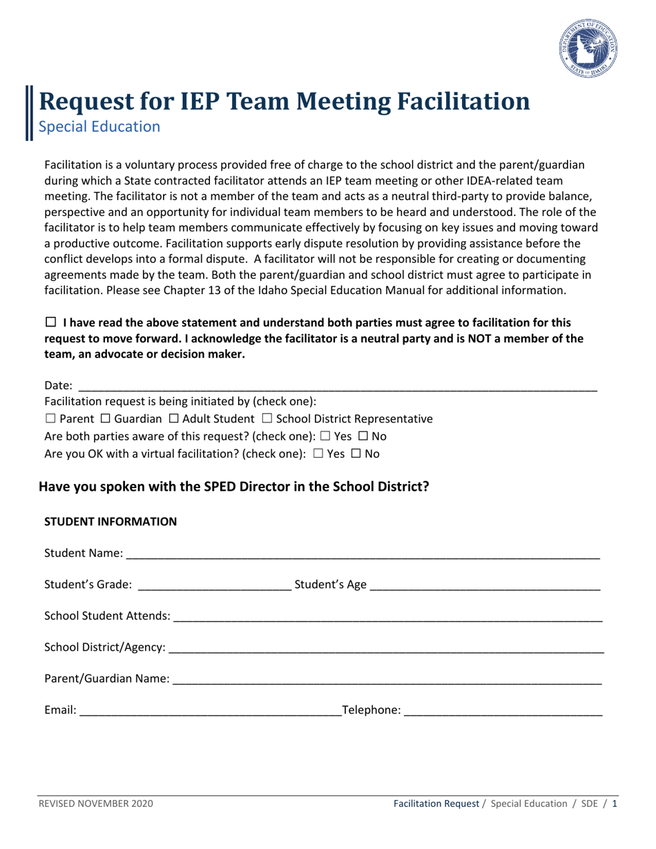 Request for Iep Team Meeting Facilitation - Idaho, Page 1