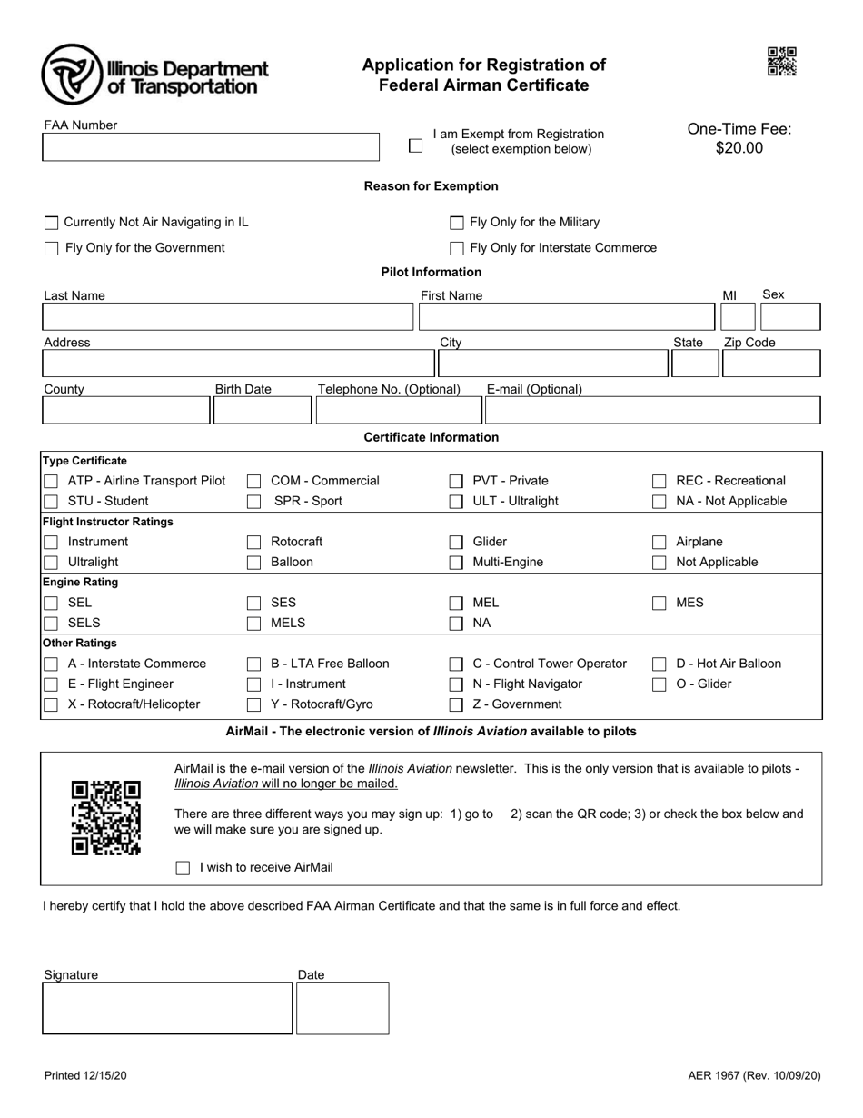 Form AER1967 Application for Registration of Federal Airman Certificate - Illinois, Page 1