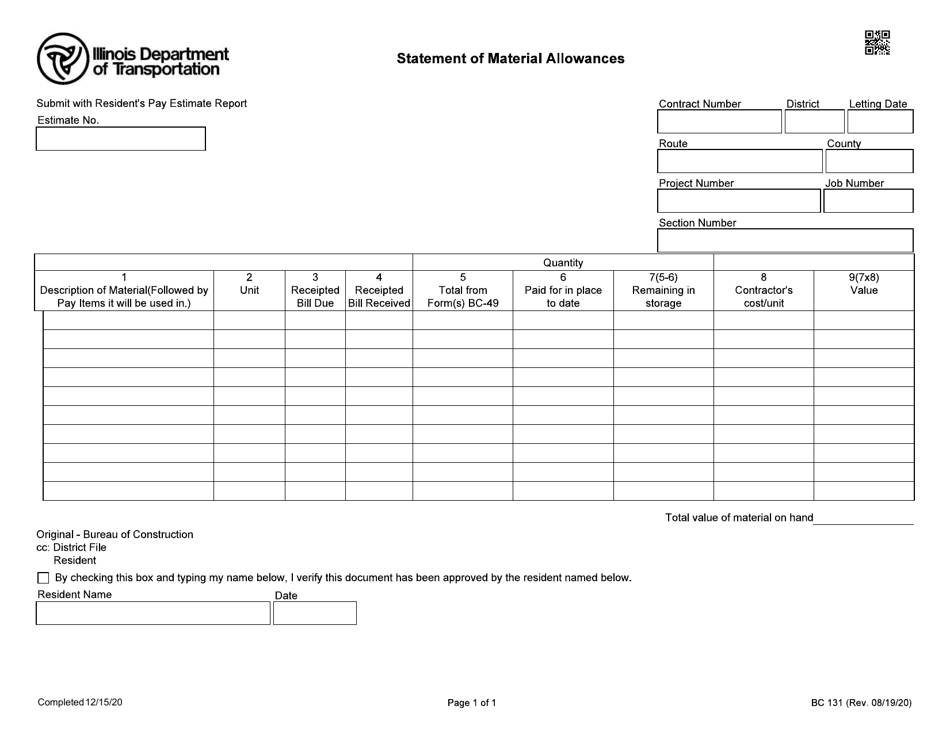 Form BC131 Statement of Material Allowances - Illinois, Page 1
