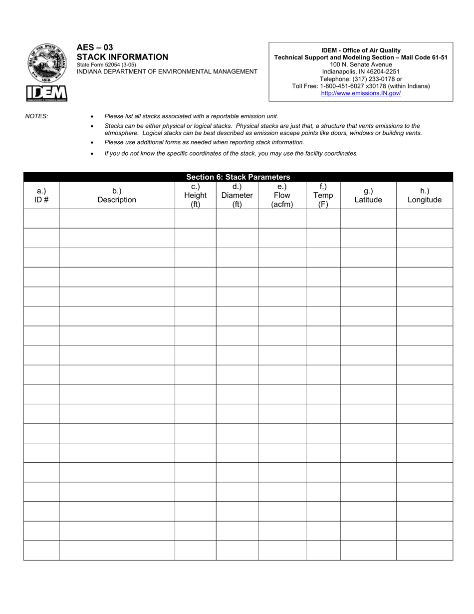 Form AES-03 (State Form 52054) Stack Information - Indiana, Page 1