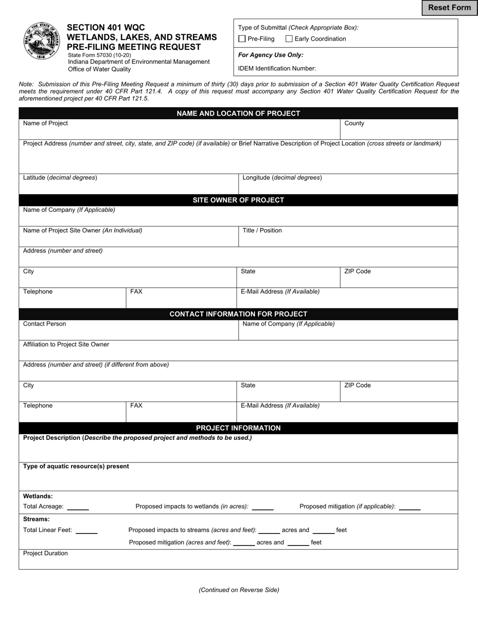 State Form 57030 Section 401 Wqc Wetlands, Lakes, and Streams Pre-filing Meeting Request - Indiana, Page 1