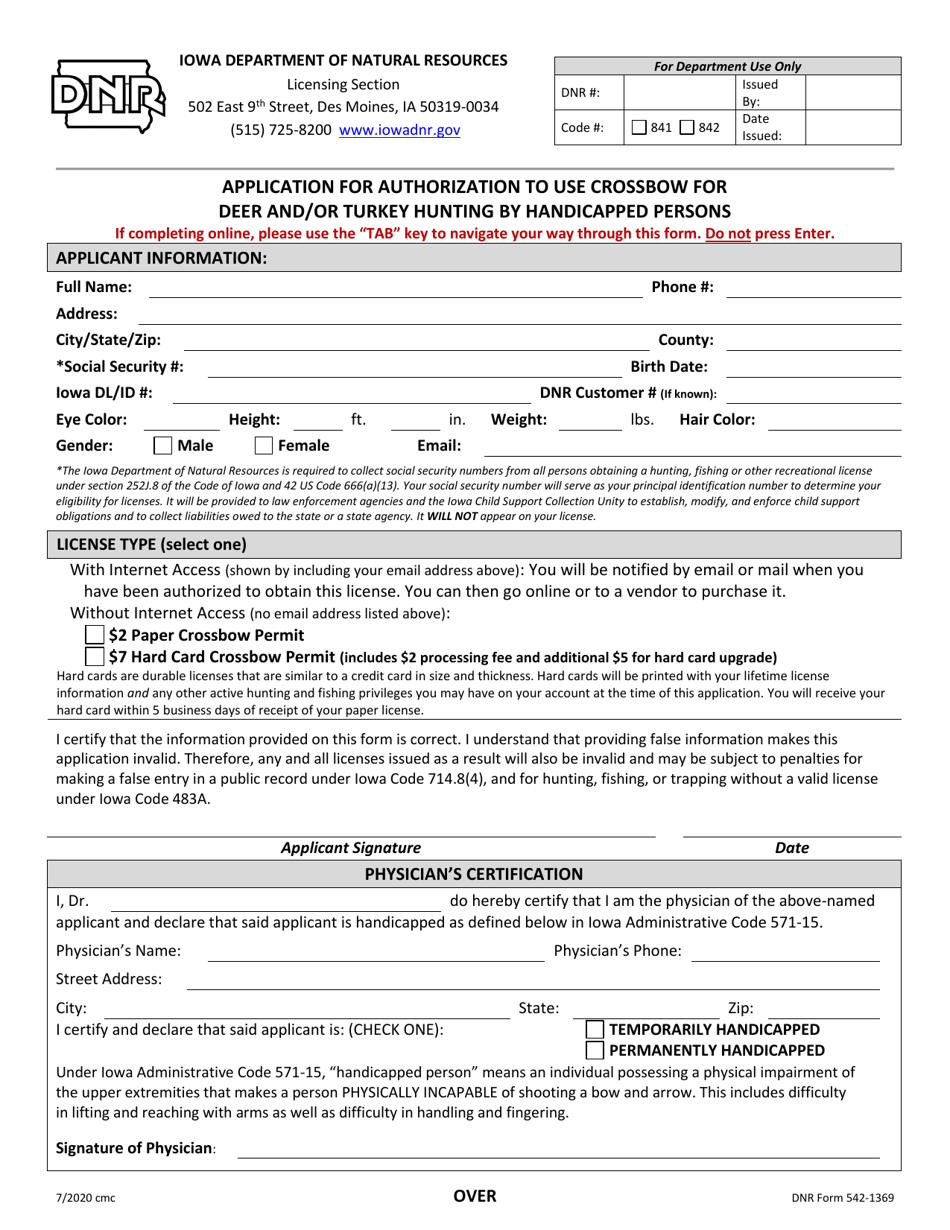 DNR Form 542-1369 Application for Authorization to Use Crossbow for Deer and / or Turkey Hunting by Handicapped Persons - Iowa, Page 1