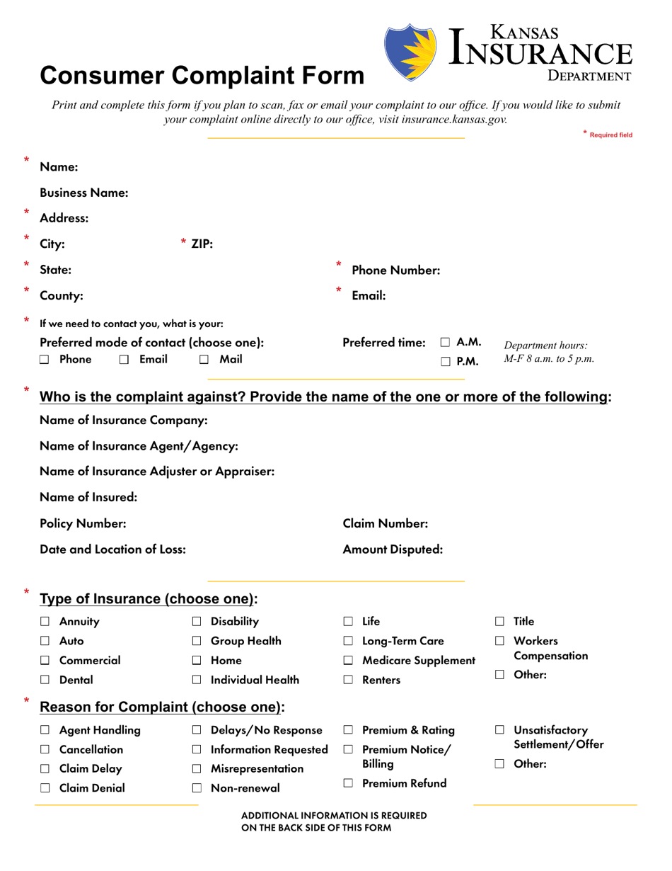 Consumer Complaint Form - Kansas, Page 1