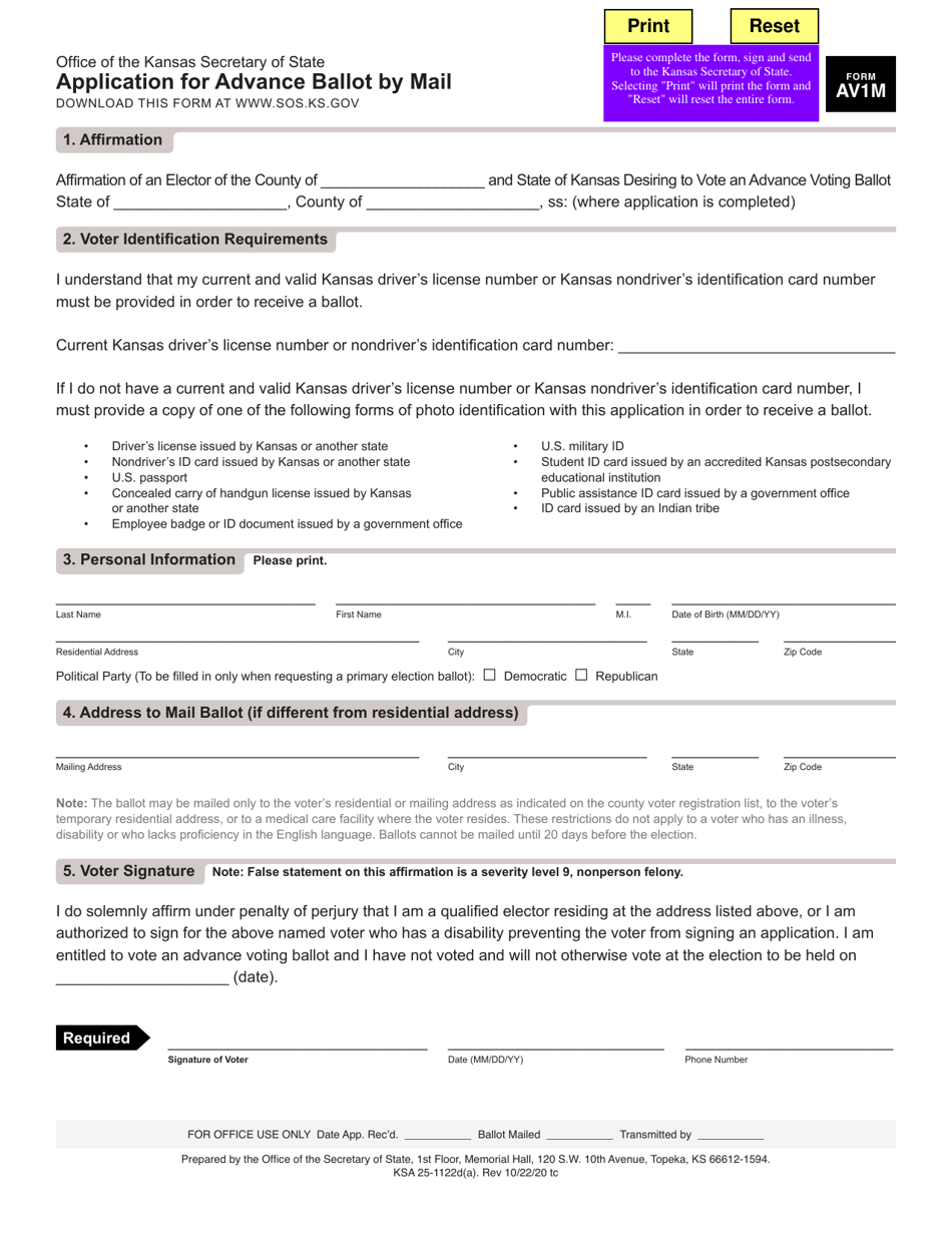 Form AV1M Application for Advance Ballot by Mail - Kansas, Page 1