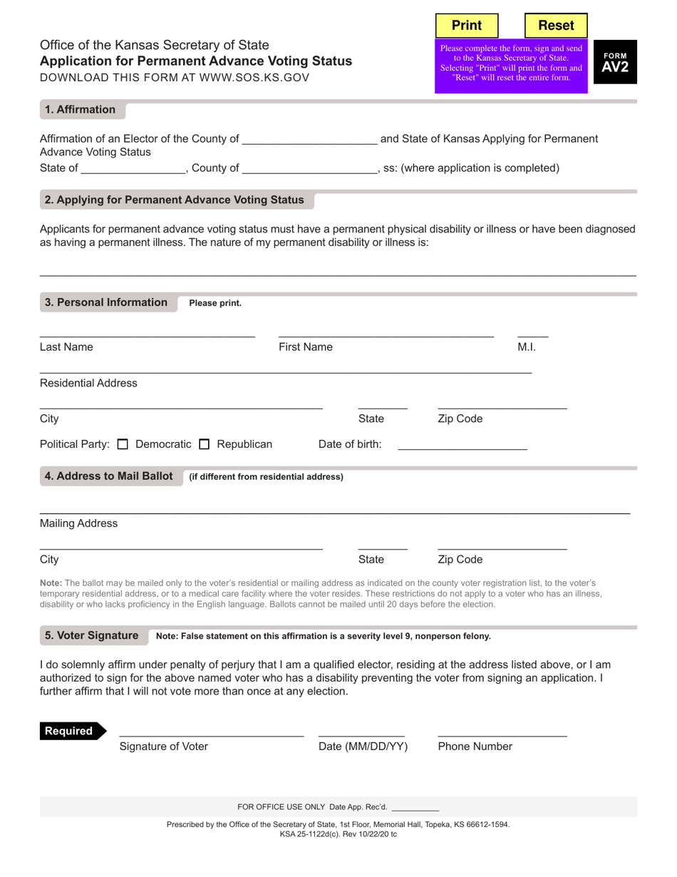 Form AV2 Application for Permanent Advance Voting Status - Kansas, Page 1