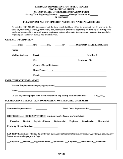 Biographical Sheet - County Board of Health Nomination Form - Kentucky