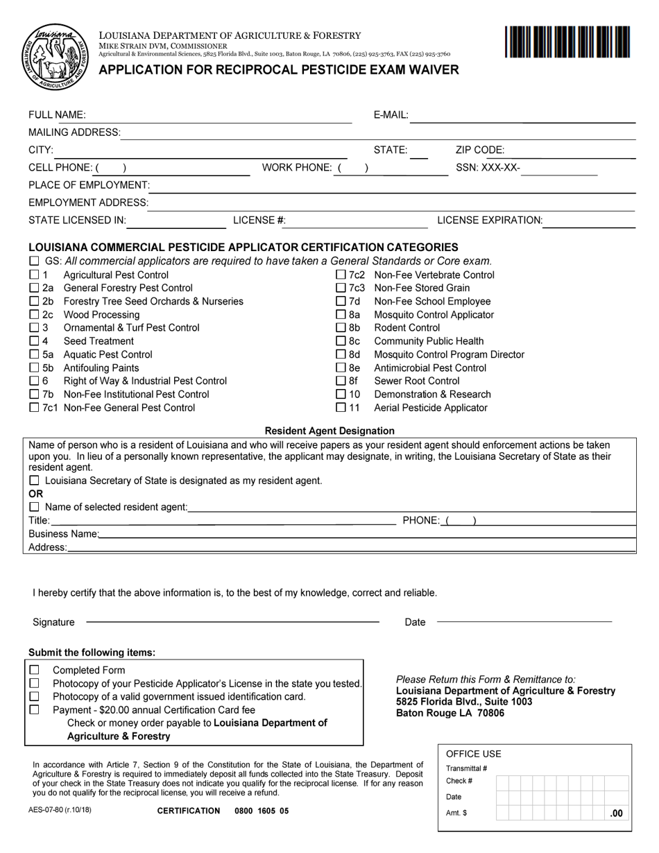 Form AES-07-80 Application for Reciprocal Pesticide Exam Waiver - Louisiana, Page 1