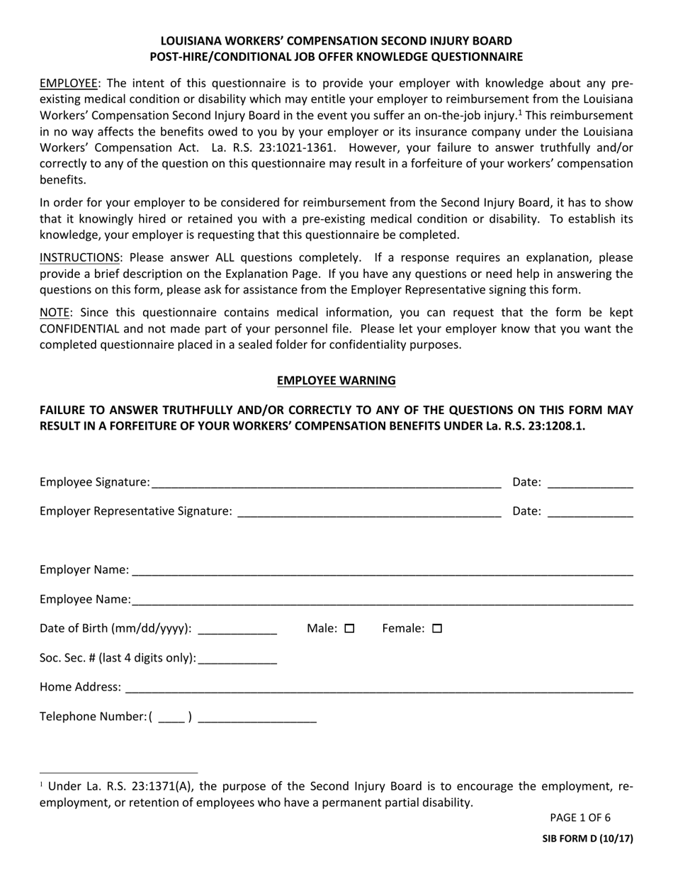 SIB Form D Post-hire / Conditional Job Offer Knowledge Questionnaire - Louisiana, Page 1