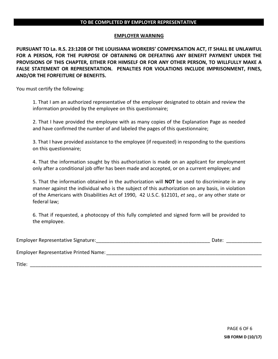 SIB Form D Post-hire / Conditional Job Offer Knowledge Questionnaire - Louisiana, Page 6