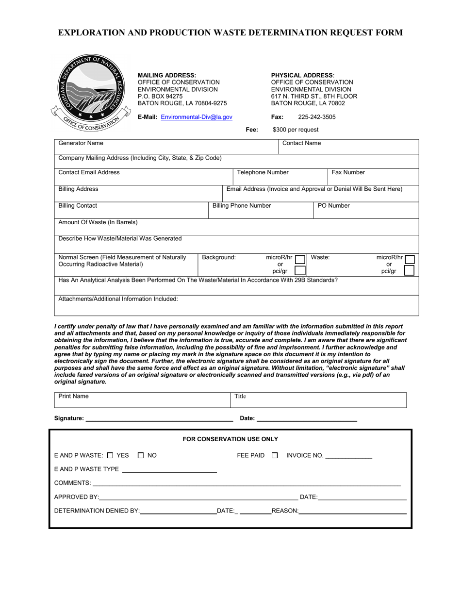 Exploration and Production Waste Determination Request Form - Louisiana, Page 1