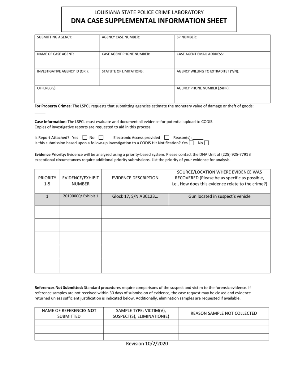 Dna Case Supplemental Information Sheet - Louisiana, Page 1