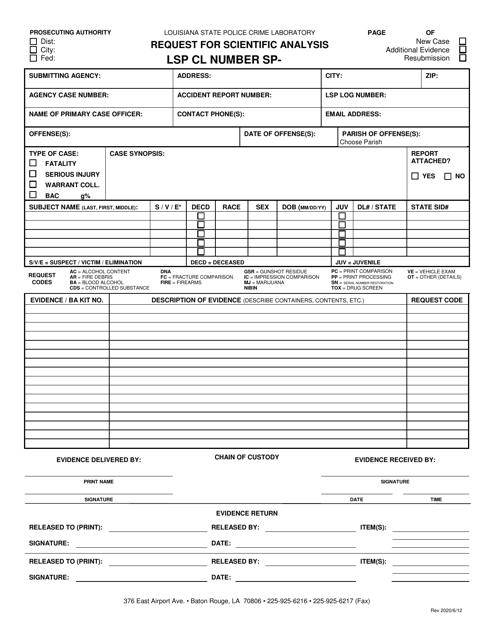Lab Evidence Submittal Form - Request for Scientific Analysis - Louisiana Download Pdf