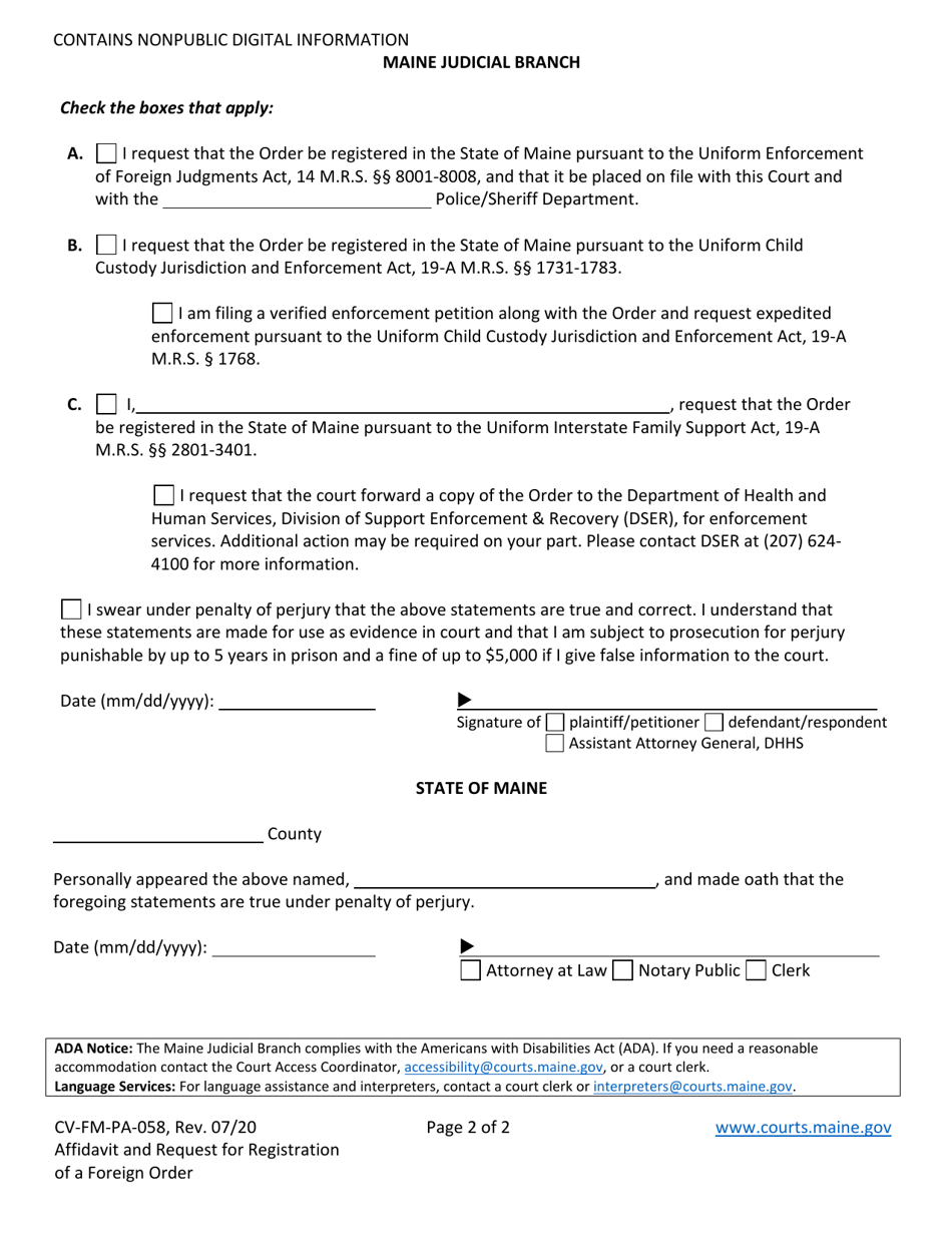 Form CV-FM-PA-058 Affidavit and Request for Registration of a Foreign Order - Maine, Page 2
