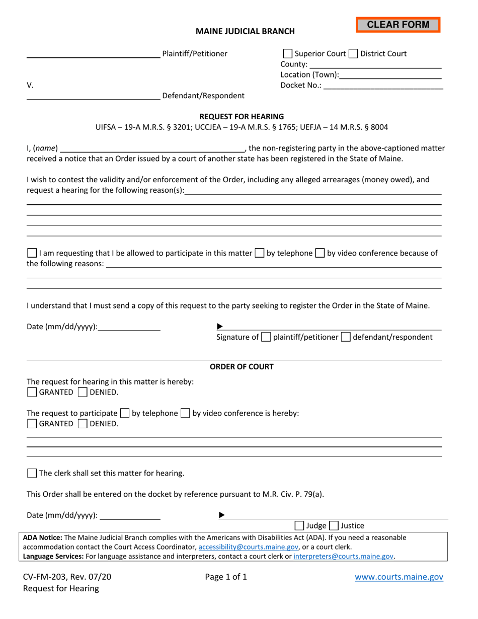 Form CV-FM-203 Request for Hearing - Maine, Page 1