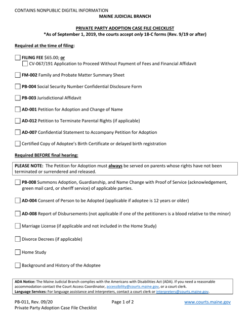 Form PB-011 Private Party Adoption Case File Checklist - Maine