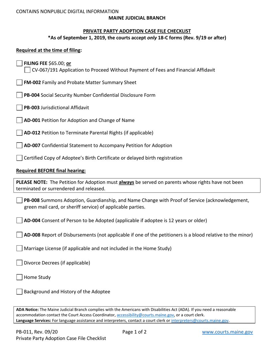 Form PB-011 Private Party Adoption Case File Checklist - Maine, Page 1