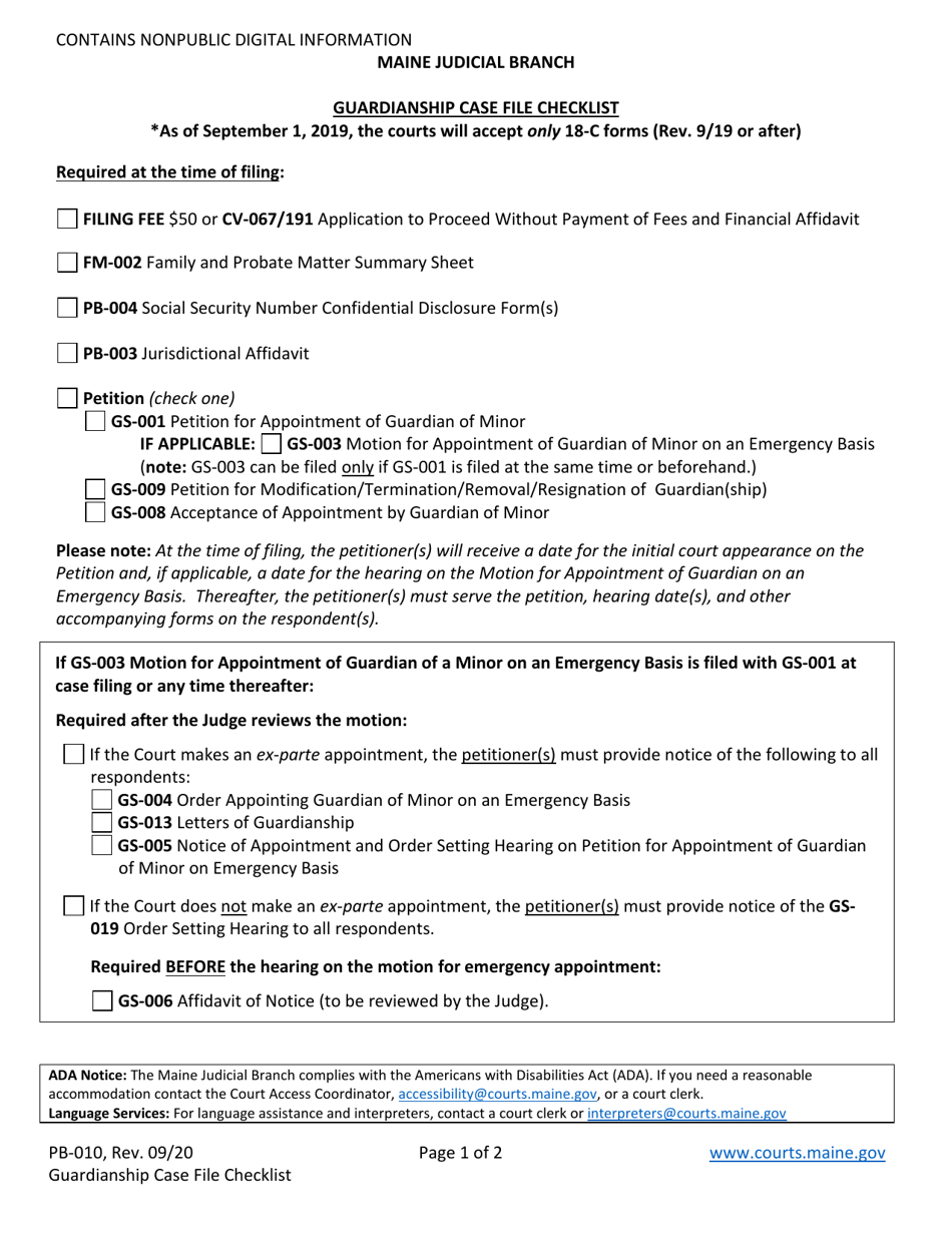 Form PB-010 Guardianship Case File Checklist - Maine, Page 1