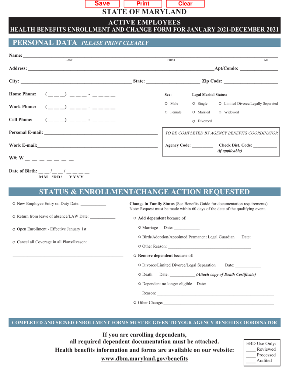 Active Employees Health Benefits Enrollment and Change Form - Maryland, Page 1