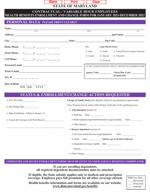 Contractual / Variable Hour Employees Health Benefits Enrollment and Change Form - Maryland Download Pdf