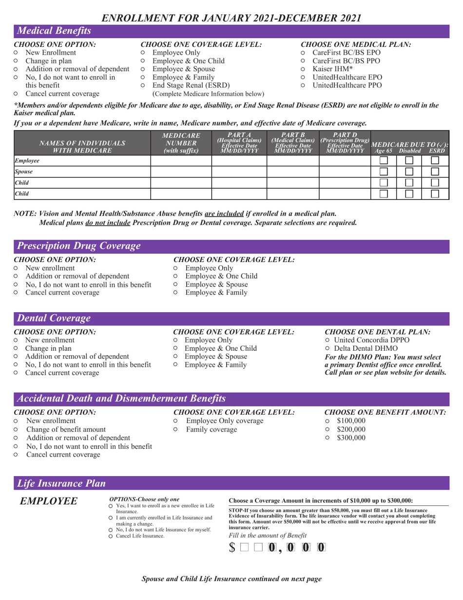 Contractual / Variable Hour Employees Health Benefits Enrollment and Change Form - Maryland, Page 3