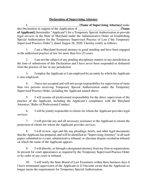 Declaration of Supervising Attorney - Maryland