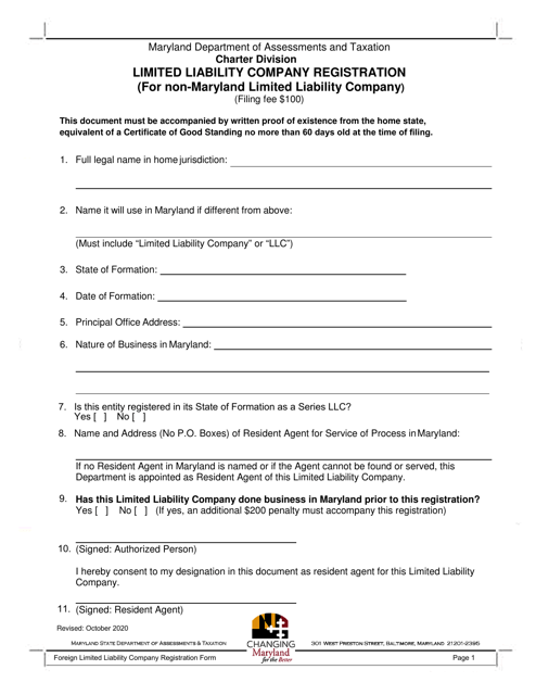 Limited Liability Company Registration (For Non-maryland Limited Liability Company) - Maryland Download Pdf