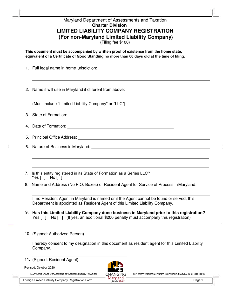 Limited Liability Company Registration (For Non-maryland Limited Liability Company) - Maryland, Page 1