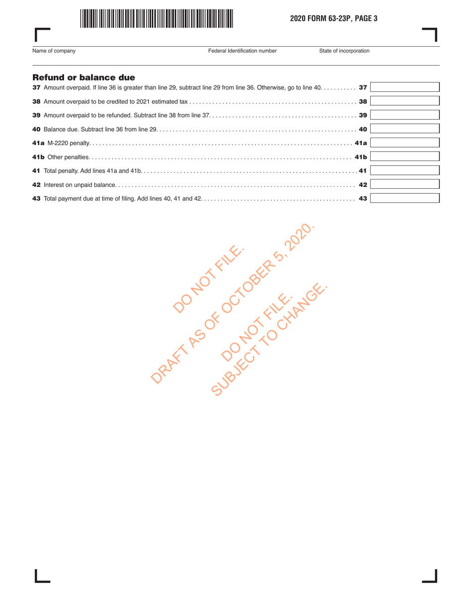 Form 63-23P Premium Excise Return for Insurance Companies - Draft - Massachusetts, Page 4