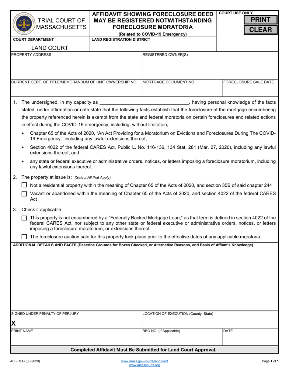 Form AFF-REG Affidavit Showing Foreclosure Deed May Be Registered Notwithstanding Foreclosure Moratoria (Related to Covid-19 Emergency) - Massachusetts, Page 1