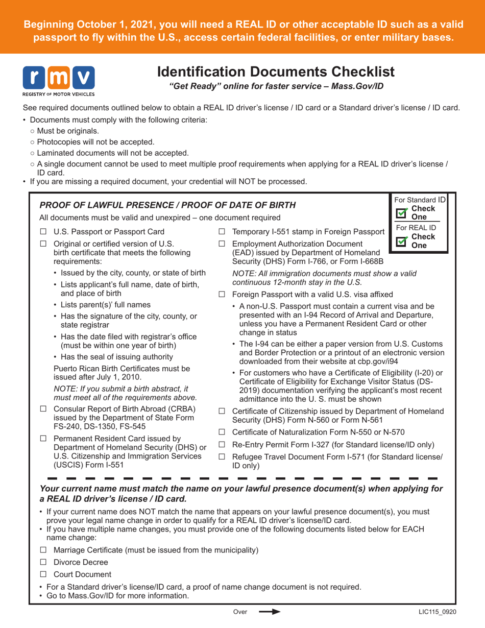 Form LIC115 Identification Documents Checklist - Massachusetts, Page 1