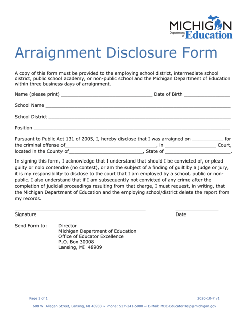 Arraignment Disclosure Form - Michigan Download Pdf