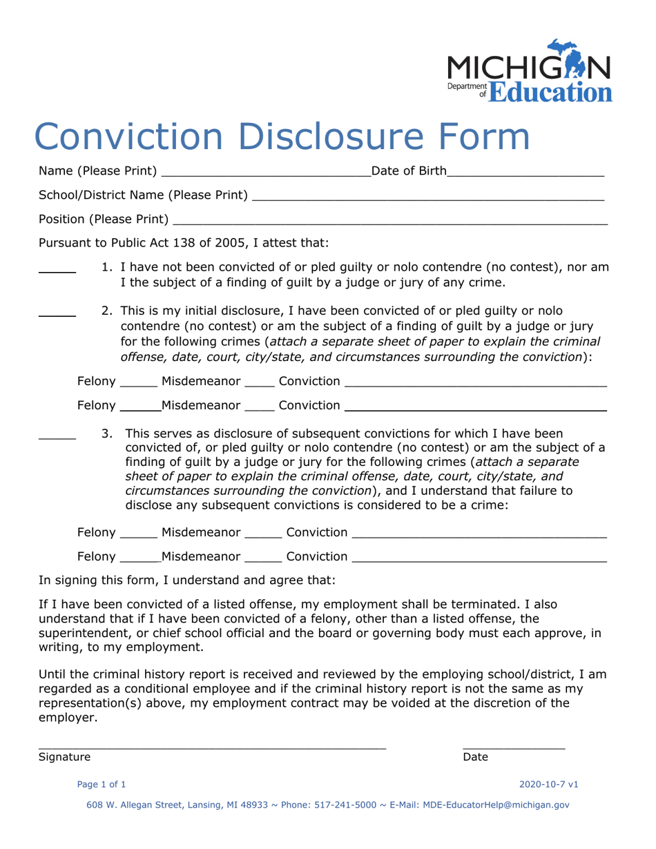 Conviction Disclosure Form - Michigan, Page 1