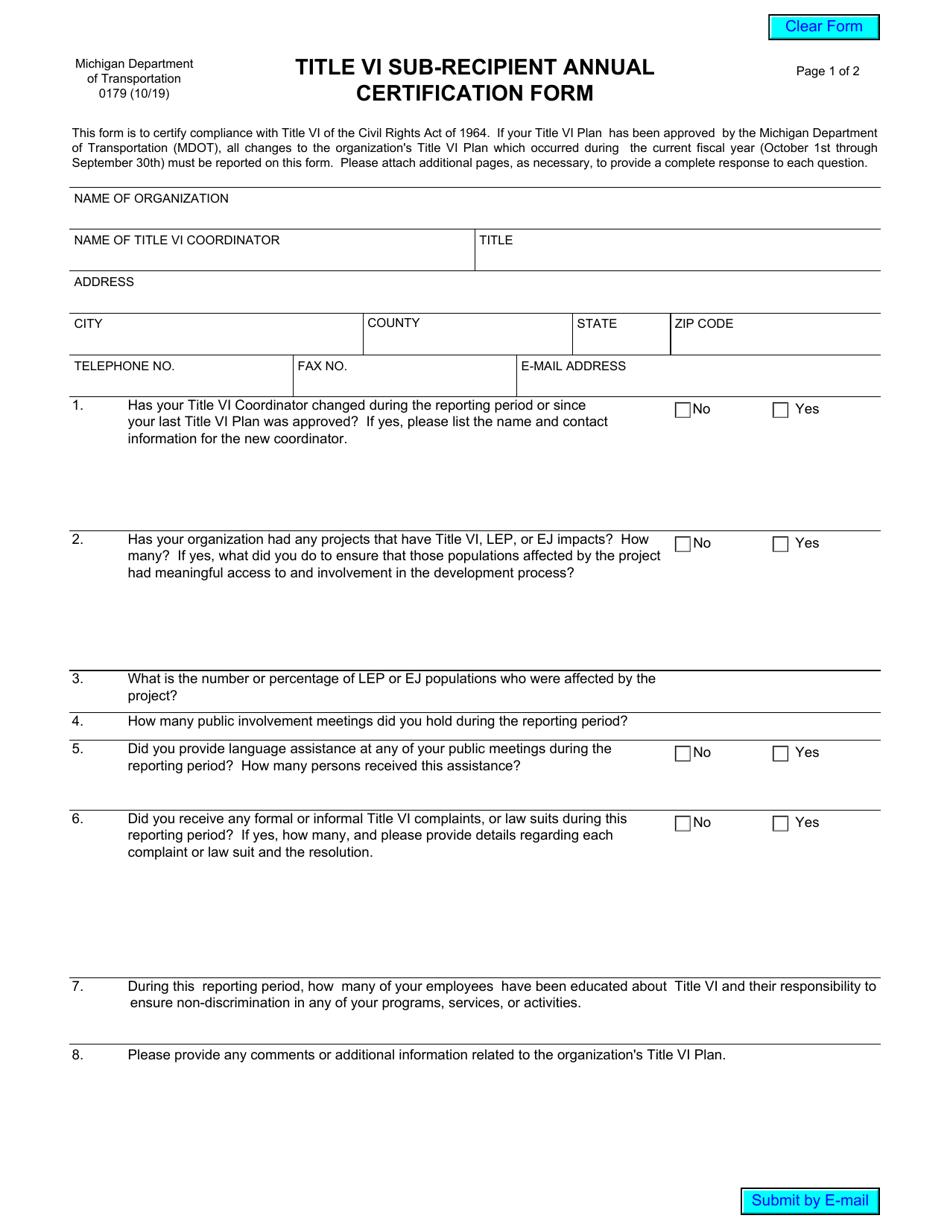 Form 0179 Title VI Sub-recipient Annual Certification Form - Michigan, Page 1