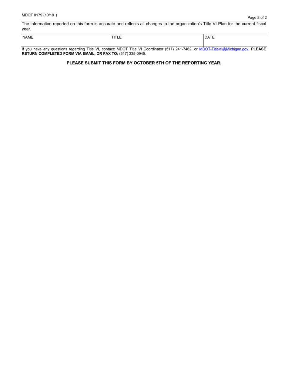 Form 0179 Title VI Sub-recipient Annual Certification Form - Michigan, Page 2