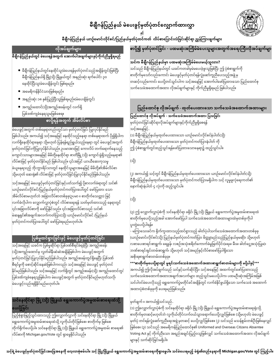 Form ED-121 State of Michigan Voter Registration Application - Michigan (Burmese), Page 1
