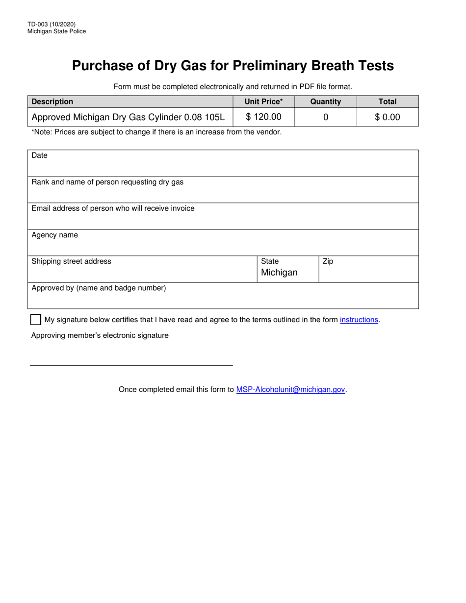 Form TD-003 Purchase of Dry Gas for Preliminary Breath Tests - Michigan, Page 1