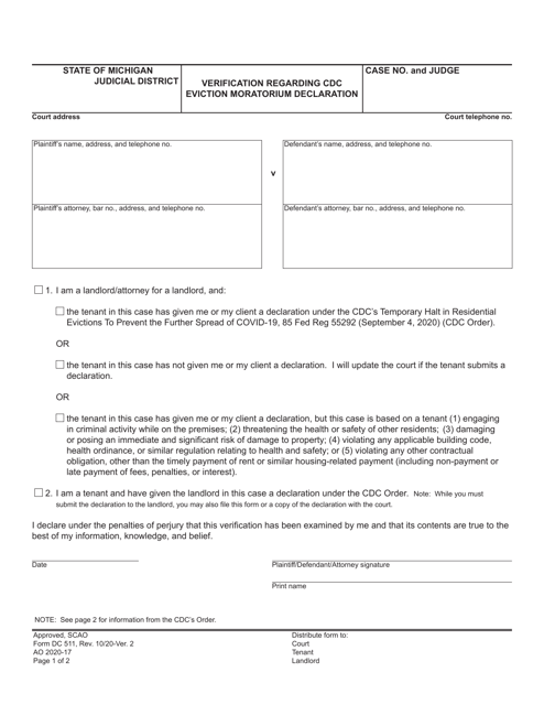 Form DC511 Verification Regarding CDC Eviction Moratorium Declaration - Michigan